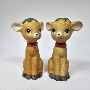 Vintage JSNY Deer Fawns Salt Pepper Shaker Christmas Brown Red Green 3.5"